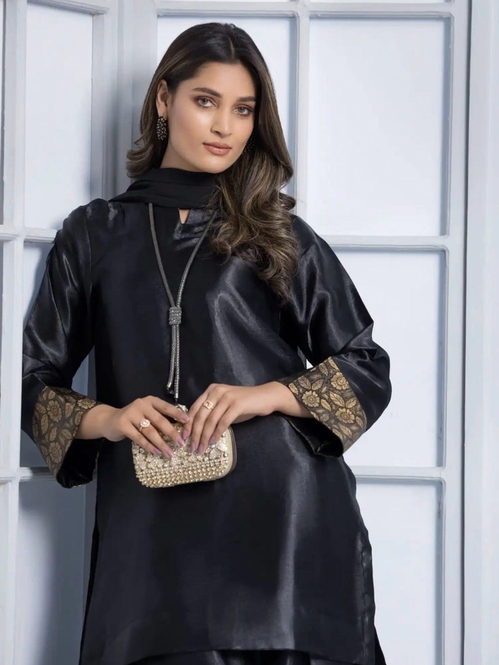 Black Satin Silk Farshi Salwar Kameez with Chiffon Duppata (Fixed Price)